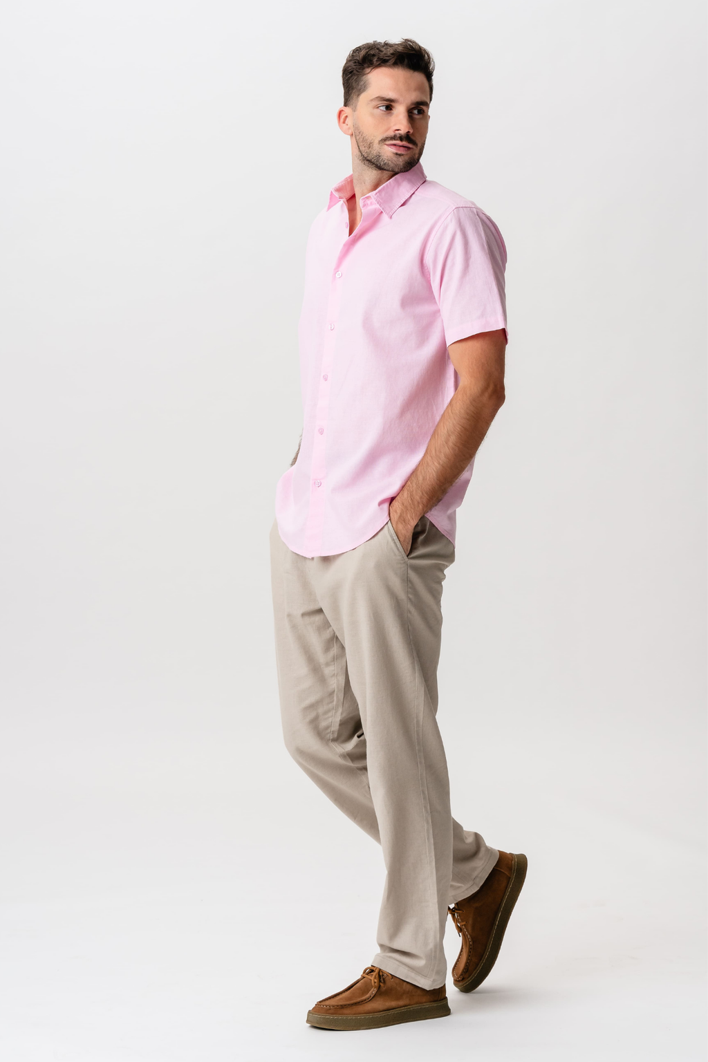 Camisa de lino de manga corta - Rojo claro