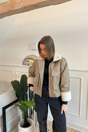 Chaqueta de piel de piel de cuero sintética - beige