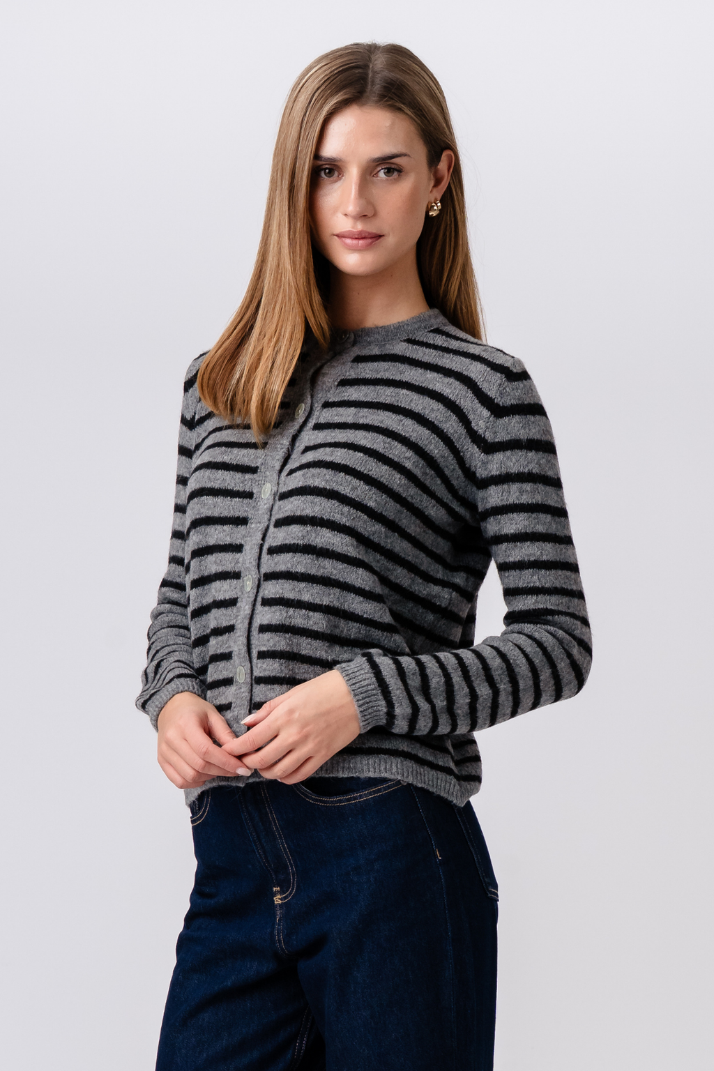 Crizette Striped Knit Cardigan - Grey/Black