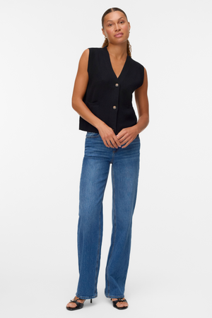 Chaleco de botón de cuello en V saba - negro