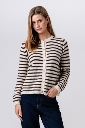 Crizette Striped Knit Cardigan - Off White/Brown