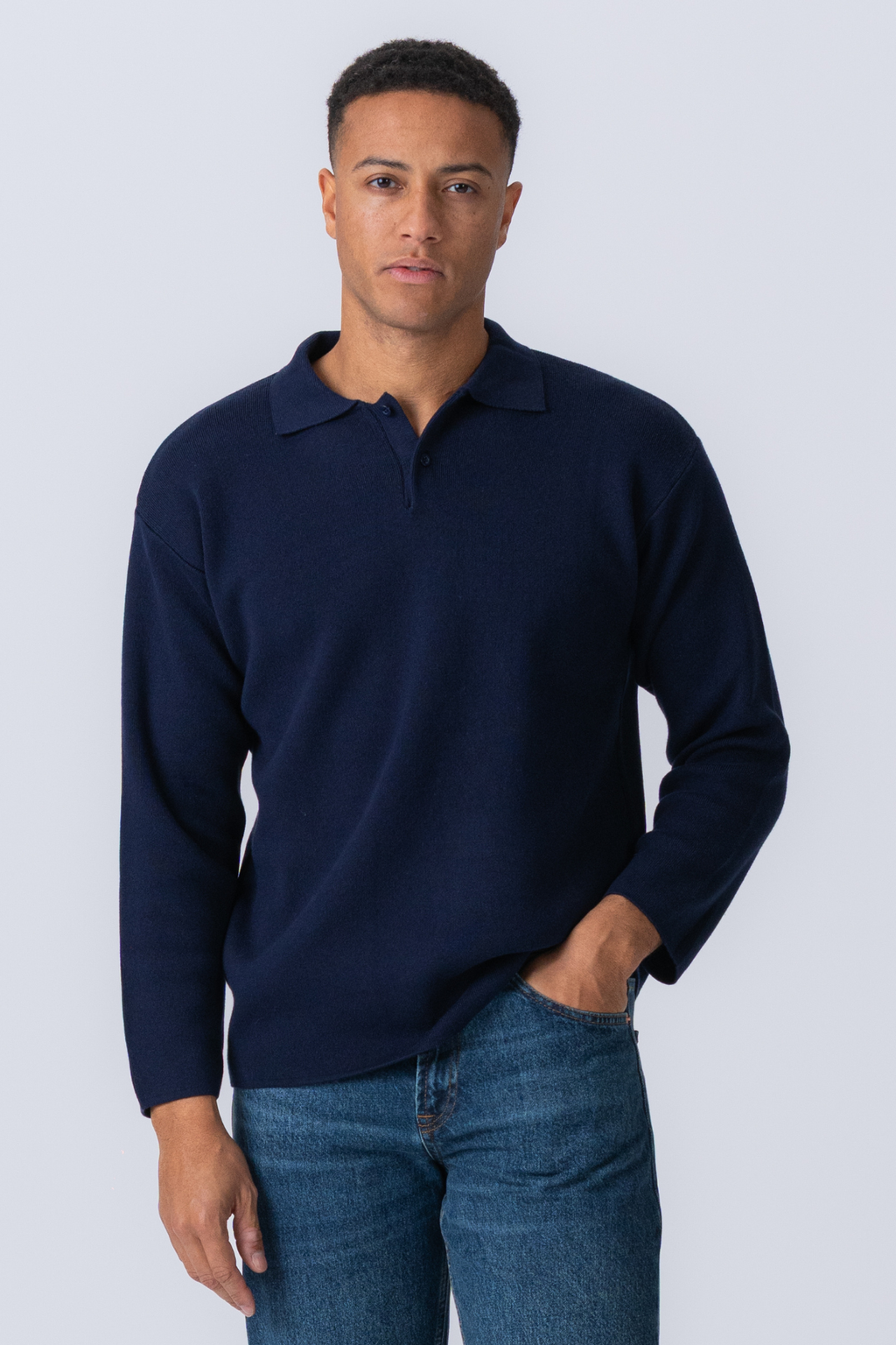 Knitted Long Sleeve Polo - Navy