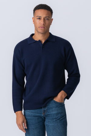 Knitted Long Sleeve Polo - Navy