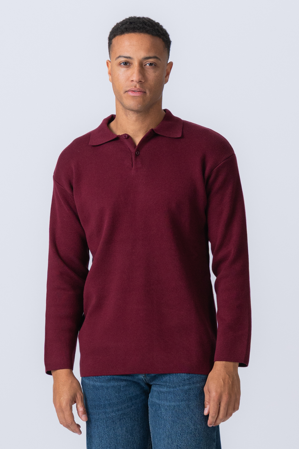 Knitted Long Sleeve Polo - Burgundy