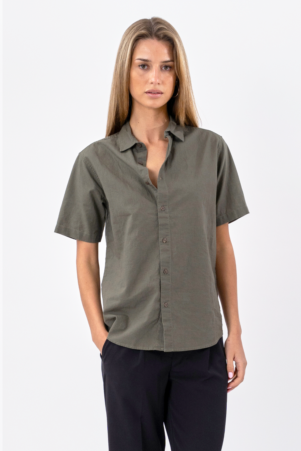 Camisa de lino de manga corta - Ejército