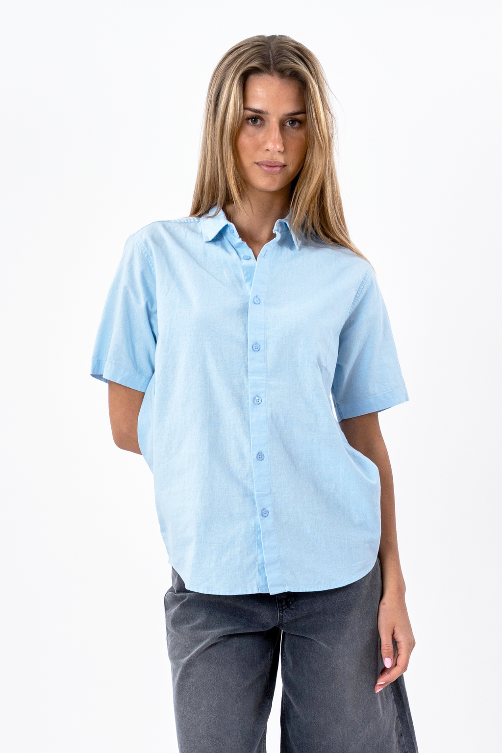 Camisa de lino de manga corta - azul claro
