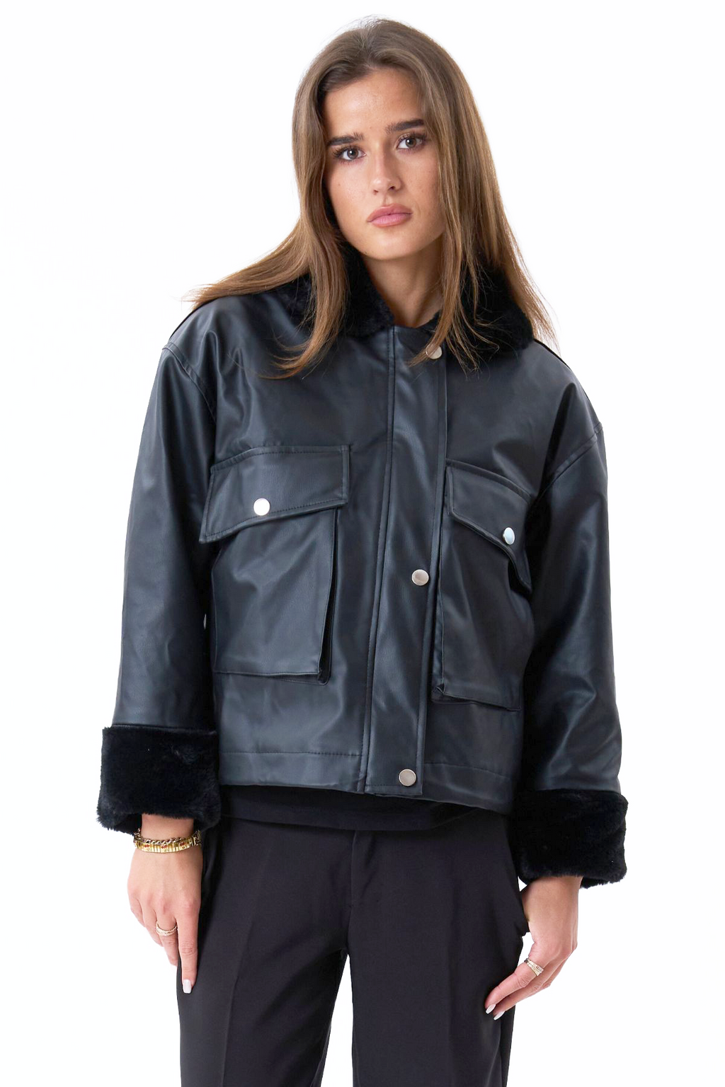 Chaqueta de piel de piel de cuero sintética - Negro