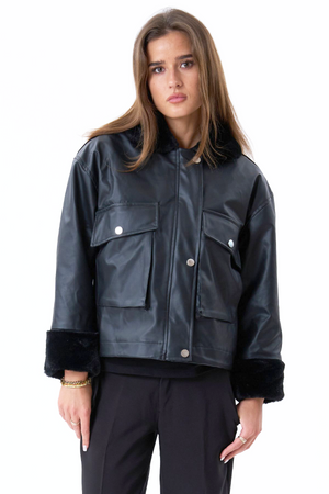 Chaqueta de piel de piel de cuero sintética - Negro