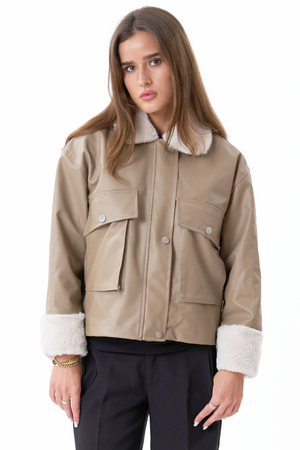 Faux Leather Shearling Jacket - Beige