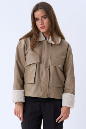 Faux Leather Shearling Jacket - Beige