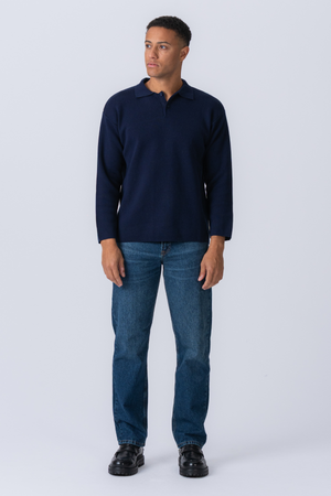 Knitted Long Sleeve Polo - Navy
