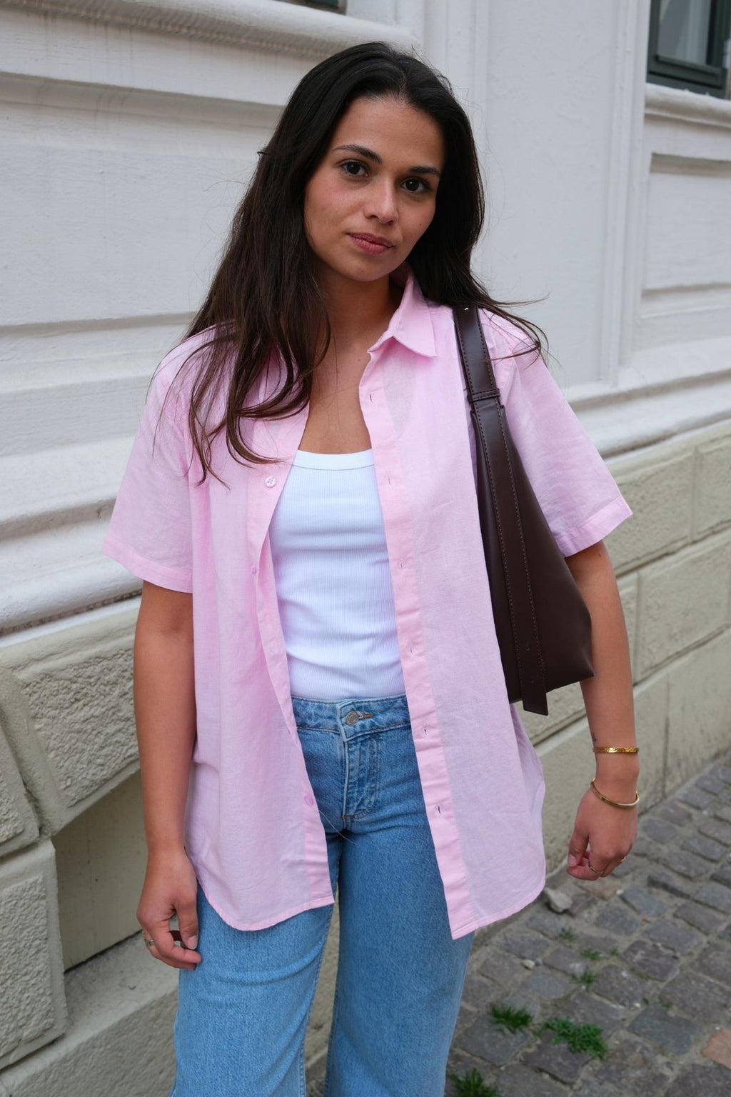 Short Sleeve Linen Shirt - Light Red