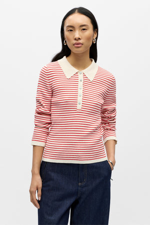 Kelly Polo Knit Pullover - Birch Poinsettia