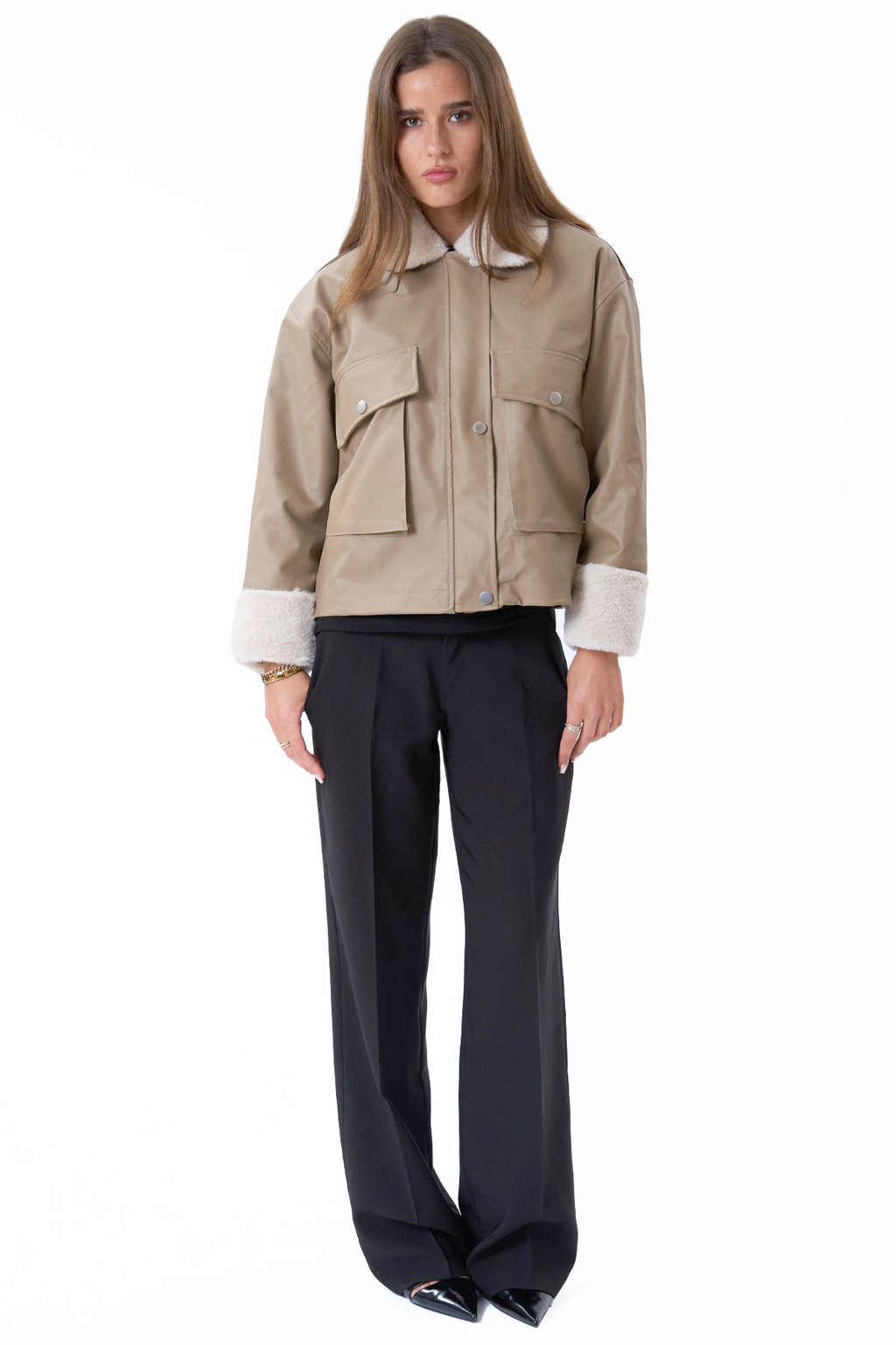 Faux Leather Shearling Jacket - Beige