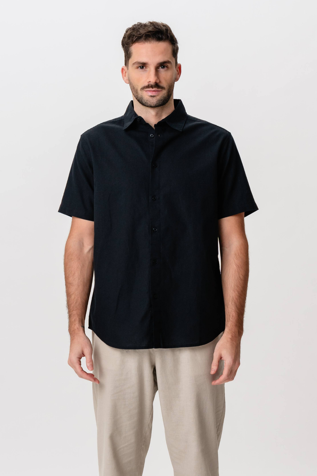 Camisa de lino de manga corta - Negro