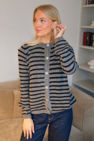 Crizette Striped Knit Cardigan - Grey/Black