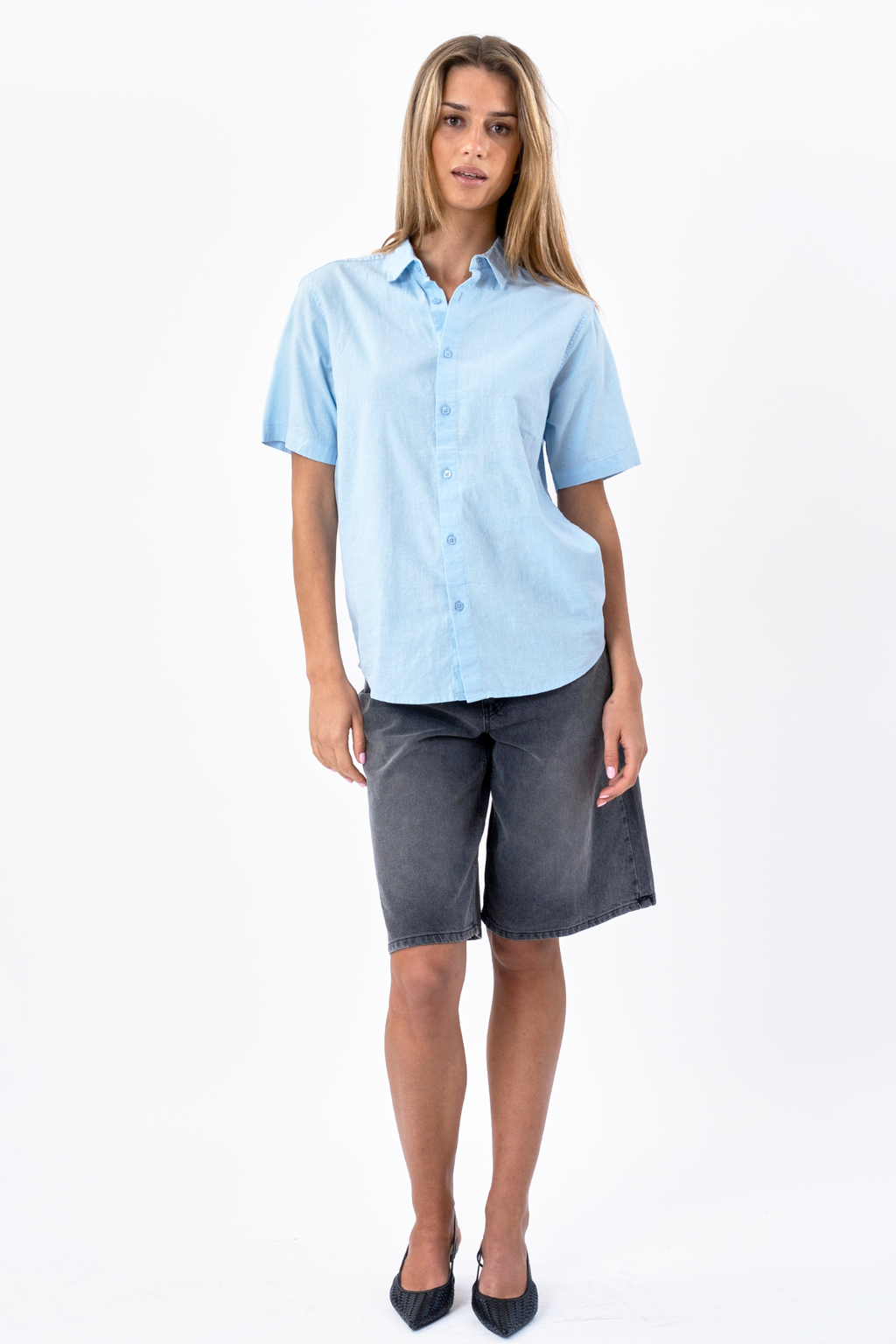 Camisa de lino de manga corta - azul claro