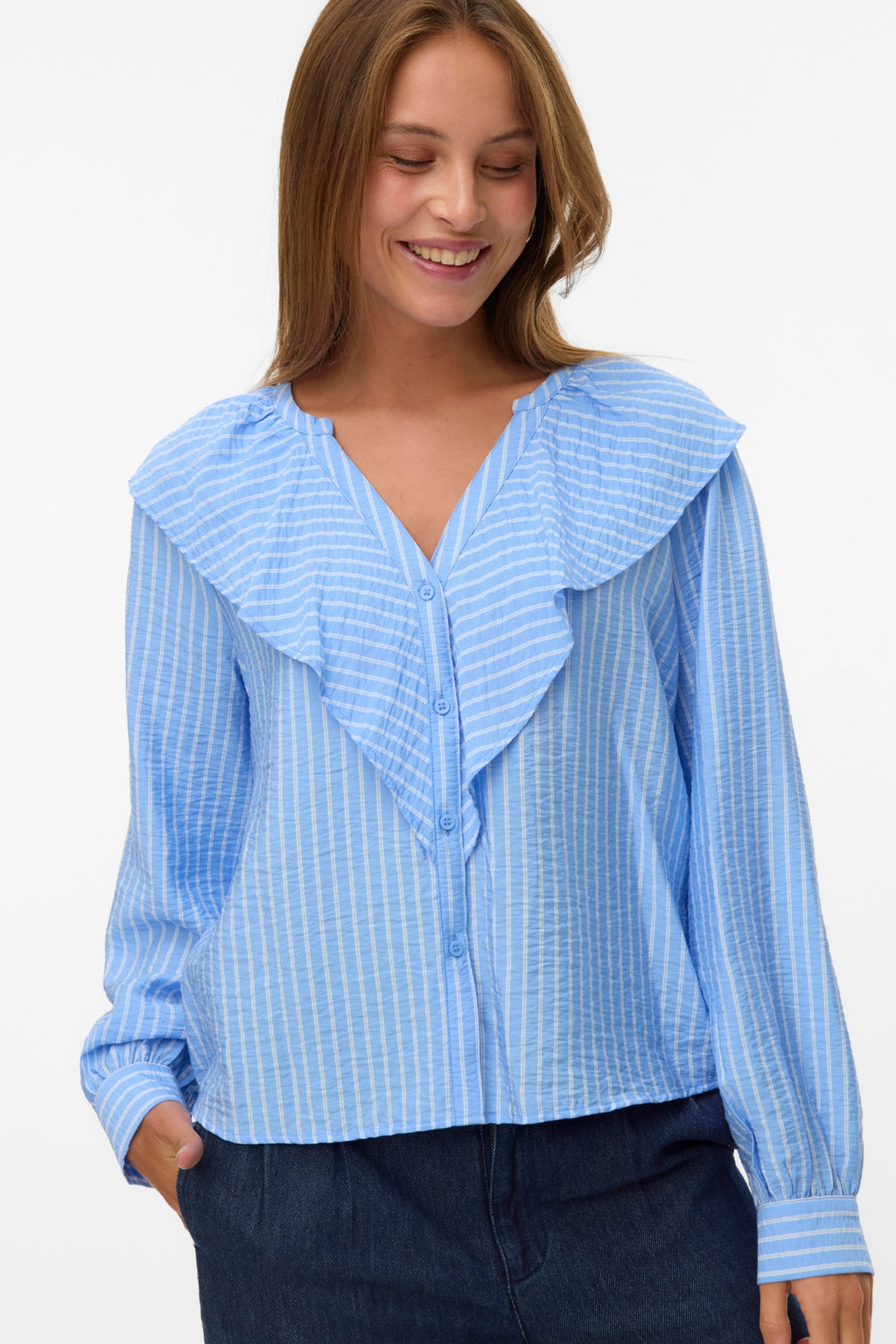 Kaja V-Neck Frill Shirt - Vista Blue Sandra