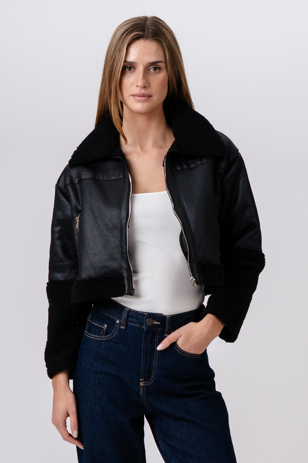 Chaqueta de piel de ojo de Daisy - Negro/Negro