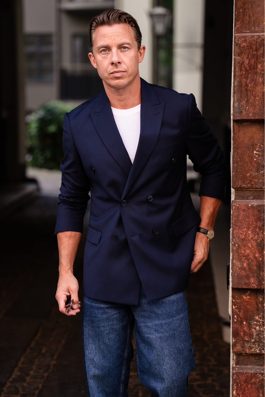 Premium Double-breasted Blazer - Navy