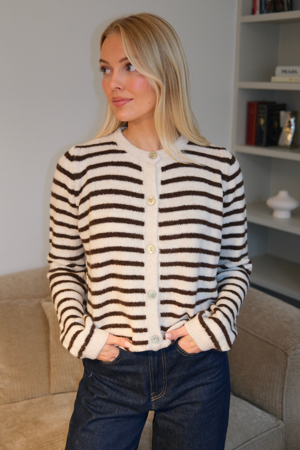 Crizette Striped Knit Cardigan - Off White/Brown