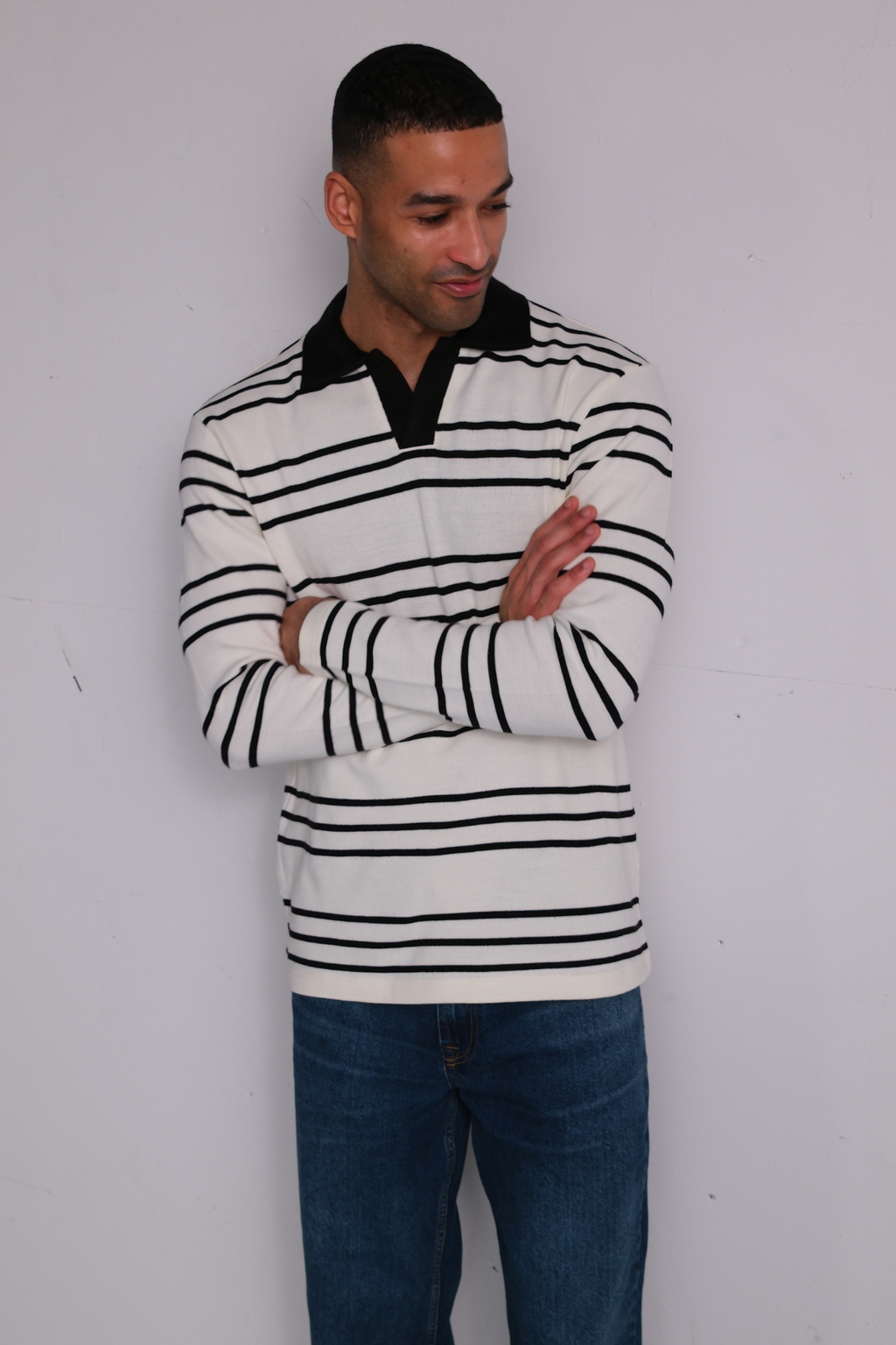 Striped Long-sleeved Polo - Ecru