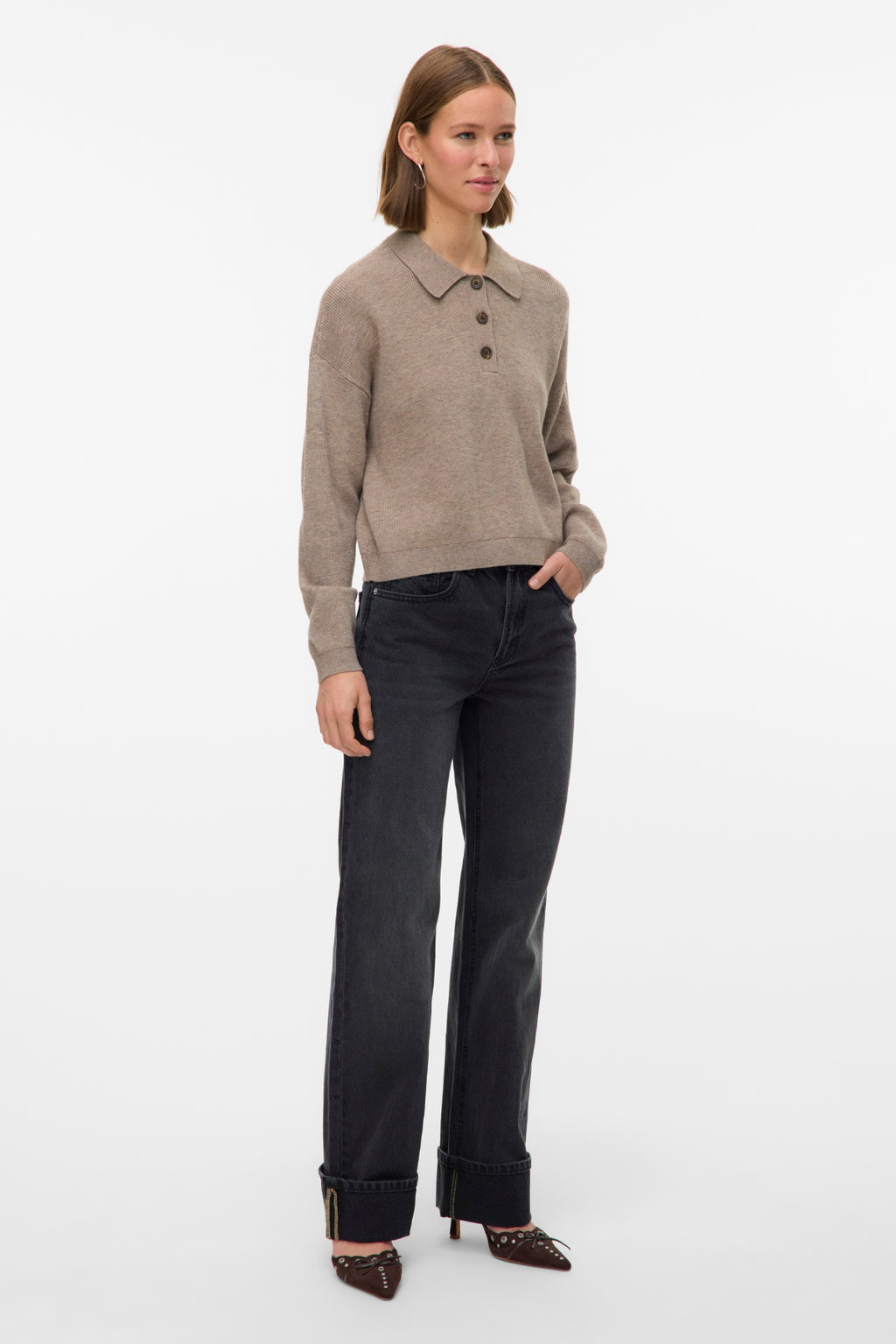 Emocionante jersey con cuello tipo polo - Visón plateado