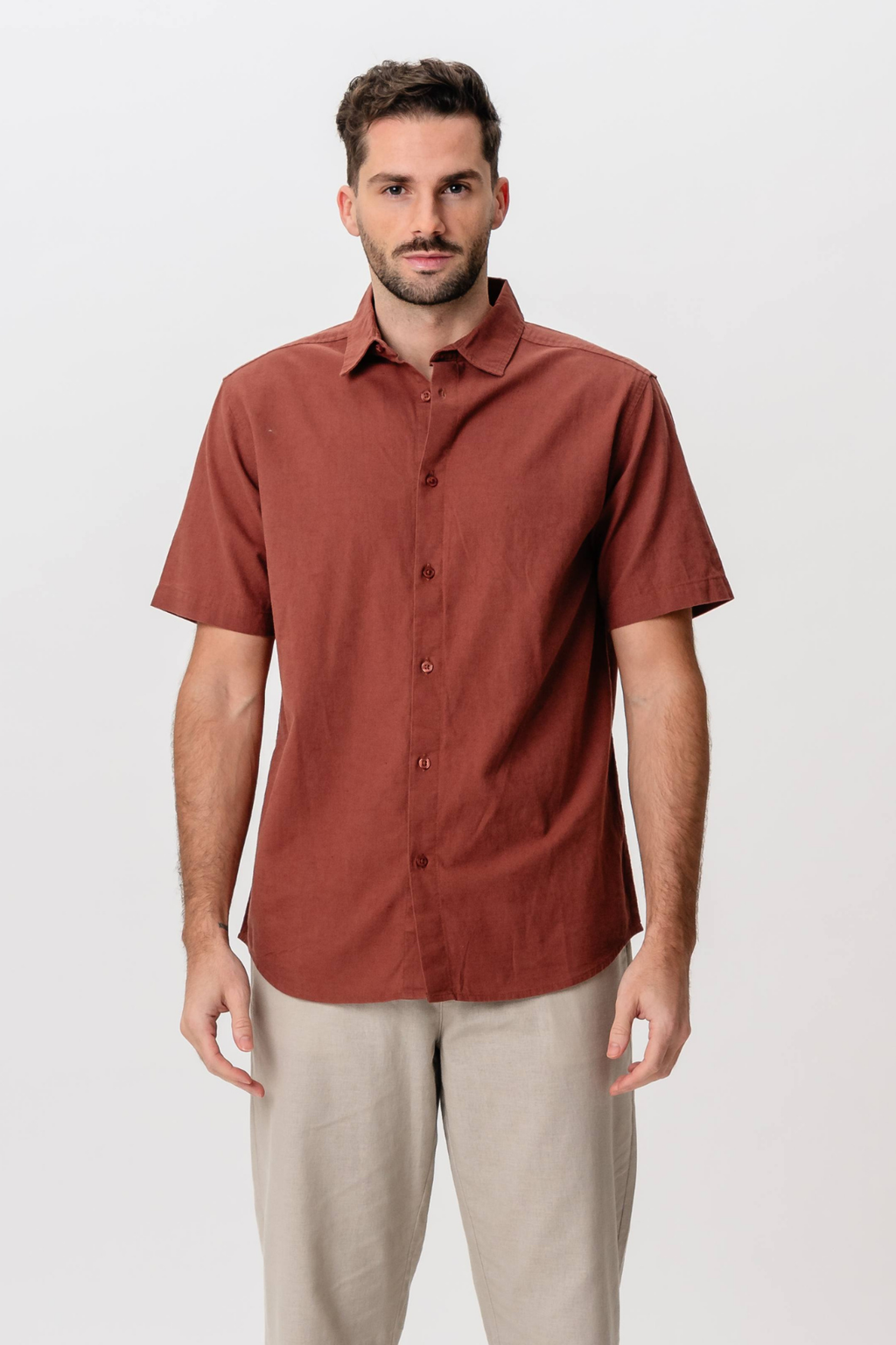 Camisa de lino de manga corta - Terracota