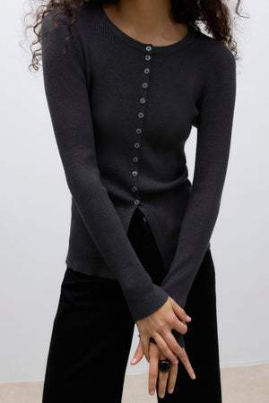 Ukino O-Neck Knit Cardigan - Dark Grey Melange