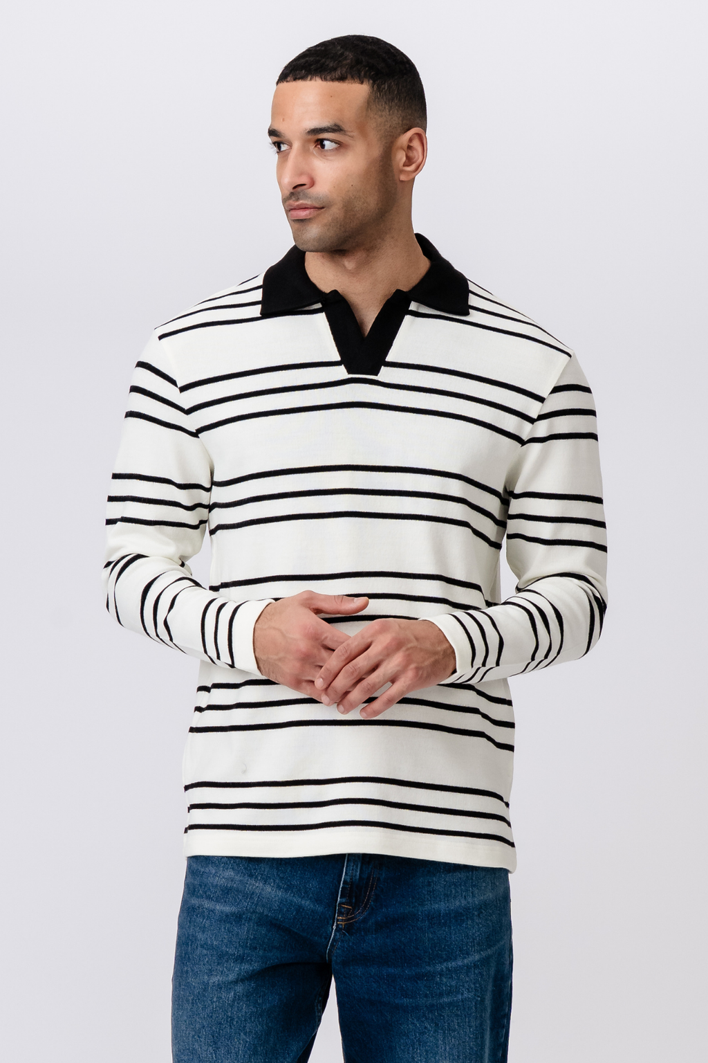 Striped Long-sleeved Polo - Ecru