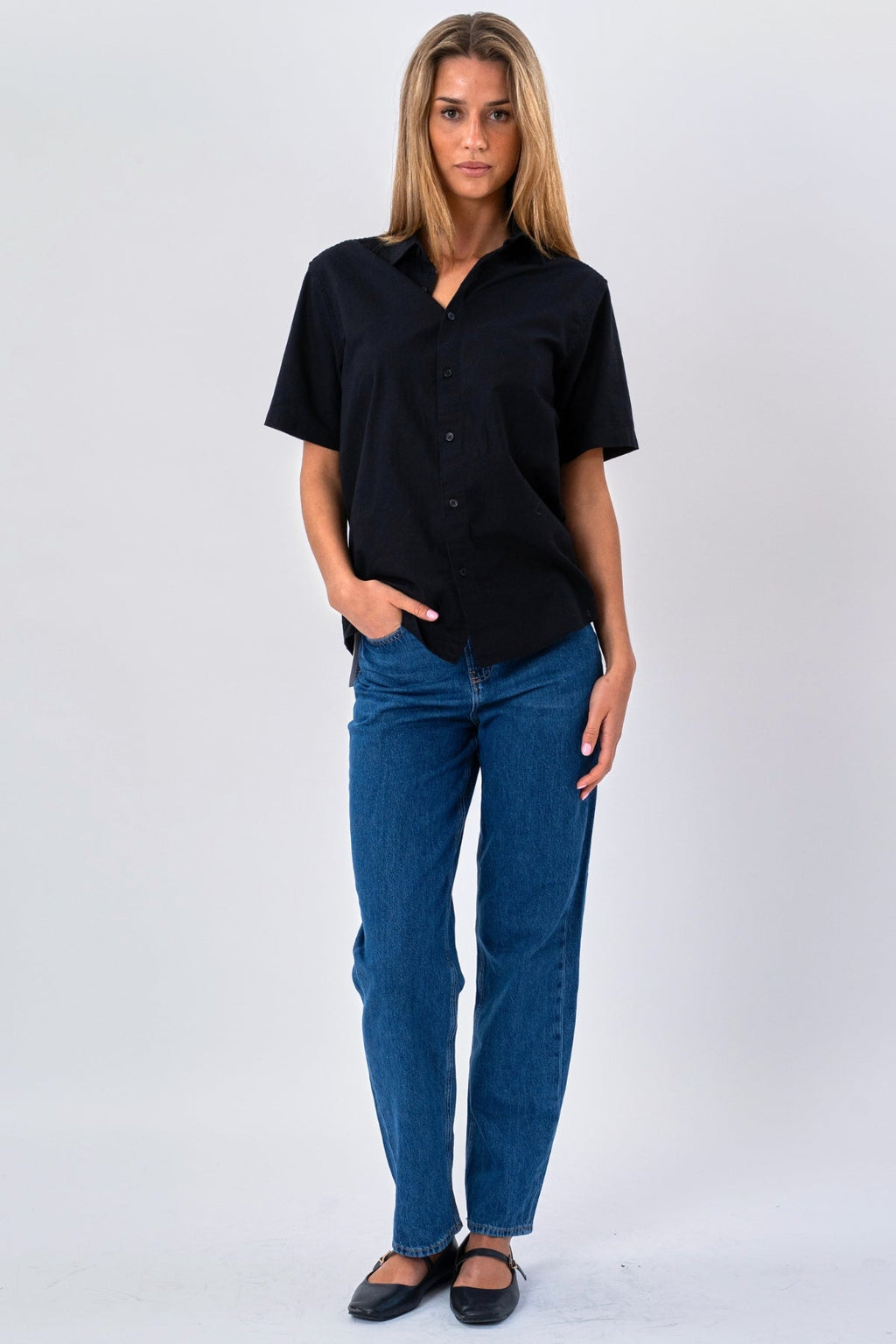 Camisa de lino de manga corta - Negro