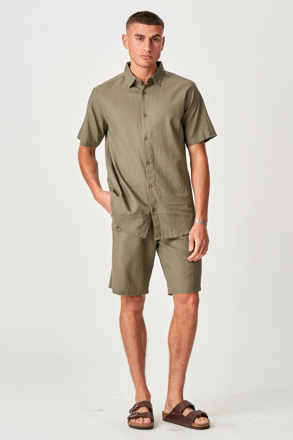 Linen Set Short-Sleeved Shirt + Linen Shorts – Army (Package Deal)