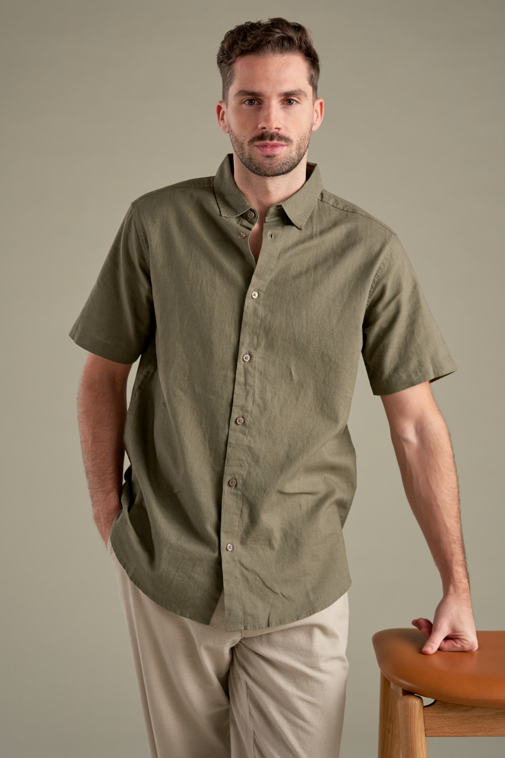 Camisa de lino de manga corta - Ejército