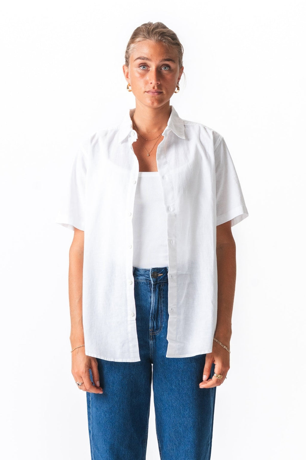 Short Sleeve Linen Shirt - White