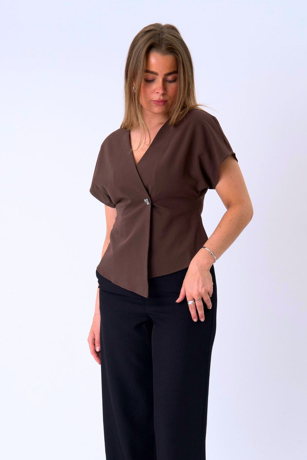 SonjaV-Neck Top - Chocolate Martini - Silver Button