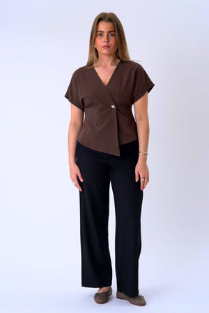 SonjaV-Neck Top - Chocolate Martini - Silver Button