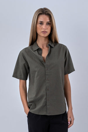Camisa de lino de manga corta - Ejército