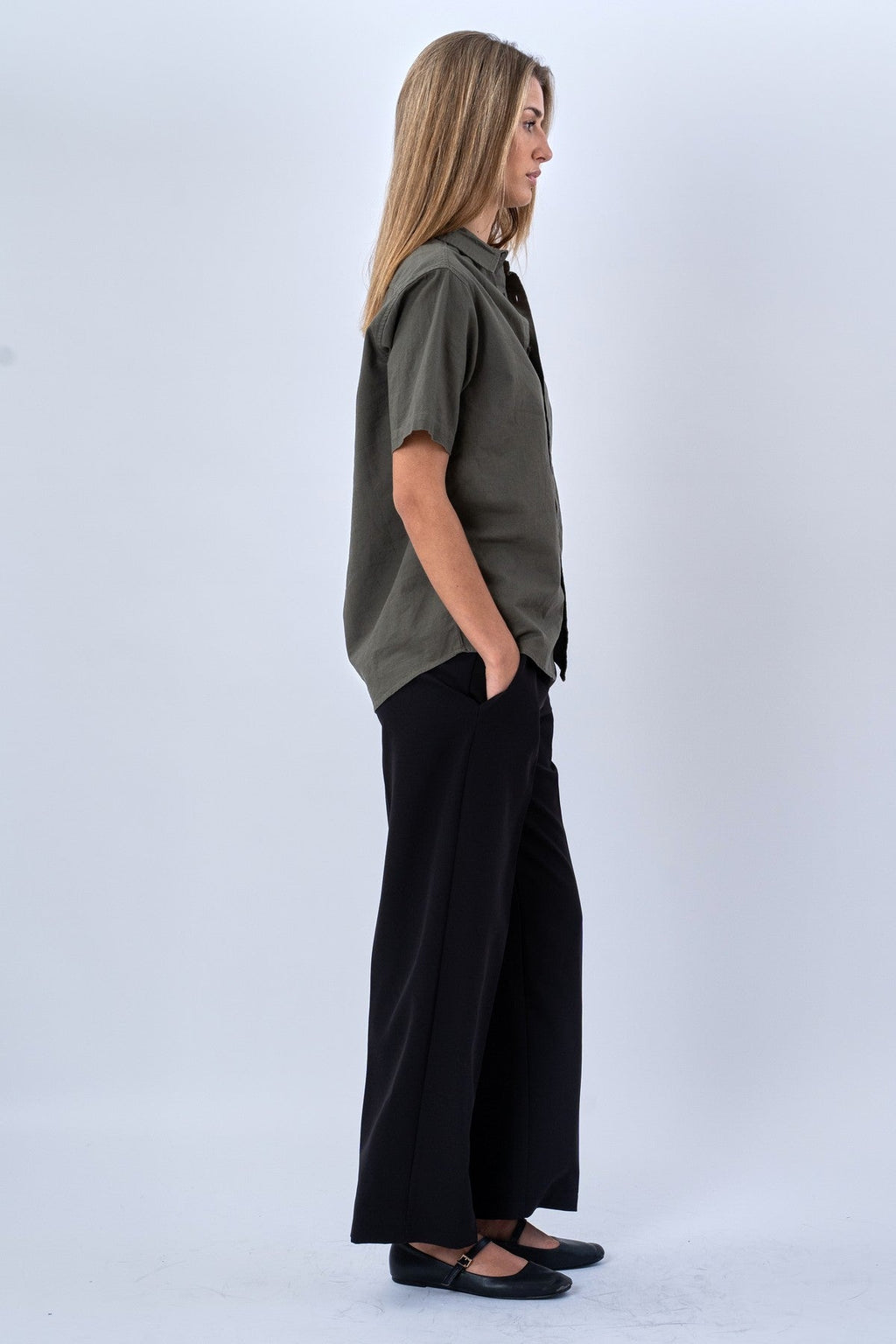 Camisa de lino de manga corta - Ejército