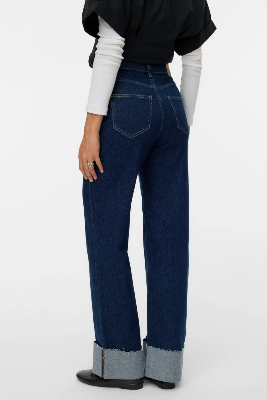 Tessa Fold Up Wide Denim Jeans - Dark Blue Denim