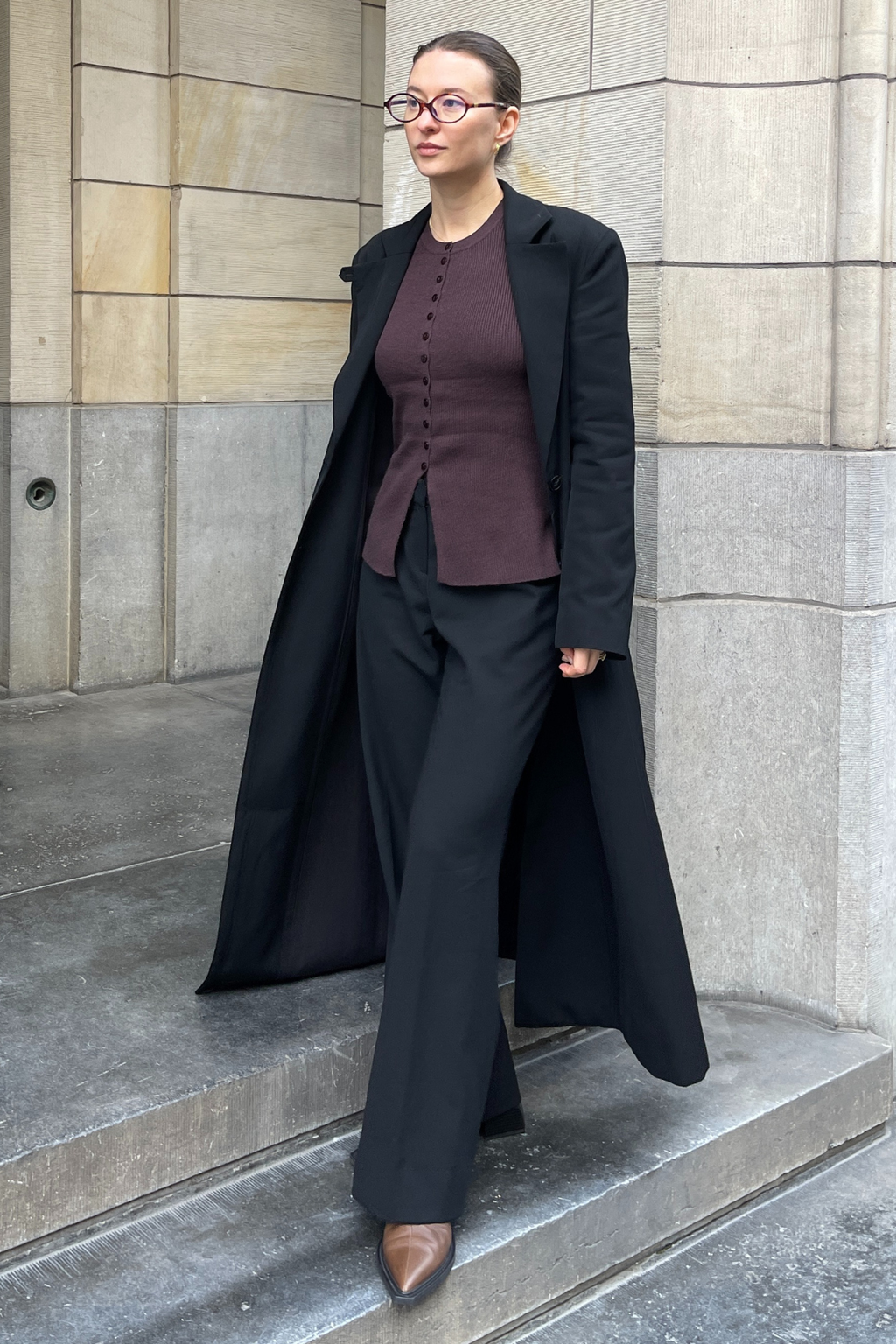 Cárdigan de punto de cuello O Ukino - Ciruela de chocolate