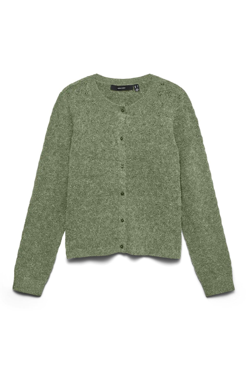 Cárdigan Doffy Stitch de Manga Larga con Cuello Redondo - Verde Aceite Melange