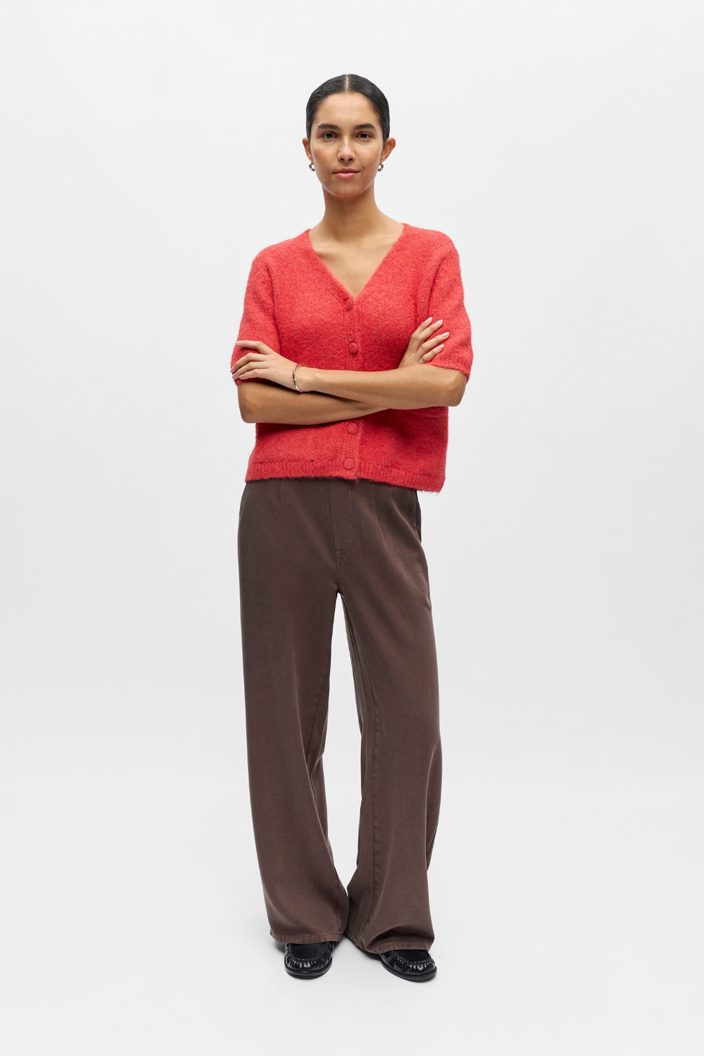 Cárdigan de punto Saggia con cuello en V - Poinsettia Melange