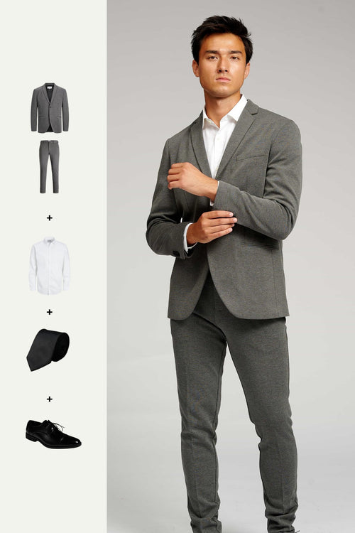 The Original Performance Suit (Dark Grey Melange) + Shirt, Tie & Derby Shoes - Package Deal - TeeShoppen Group™