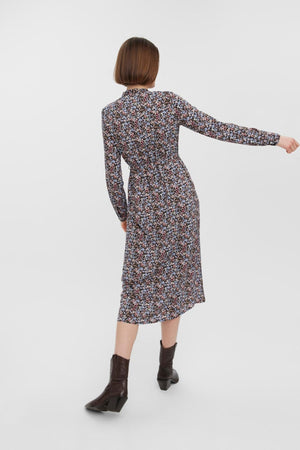 Easy Long Shirt Dress - Black with Blue Flowers