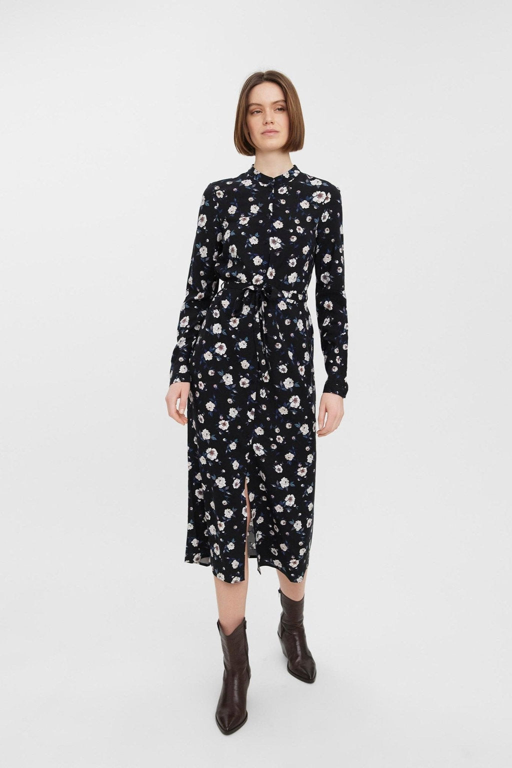 Vestido fácil de camisa de manga larga - negro