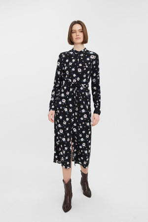 Vestido fácil de camisa de manga larga - negro