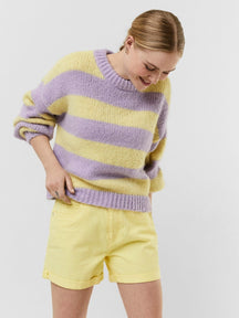 Suéter de punto de cuello O rayado - púrpura / amarillo